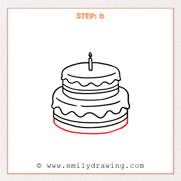 how to draw a cartoon cake - The finished outline shows a two-tier cartoon cake with a candle and a wide base plate rim.